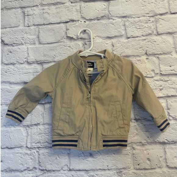 Baby B'gosh Bomber‎ Jacket Full Zip Striped Cuffs Pockets Tan 9M - Picture 1 of 4